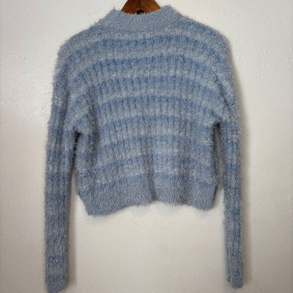 Candie's Crop Mock Neck Fuzzy Eyelash Fur Fabric Knit Sweater Blue Stripe Medium - Picture 3 of 7